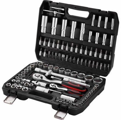 Set Chiavi a Bussola 108 Pezzi con Cricchetto Reversibile, Bussole Metriche, Inserti Bit e Prolunghe, Kit Attrezzi Completo per Riparazioni Auto, Moto e Lavori Fai da Te con Valigetta