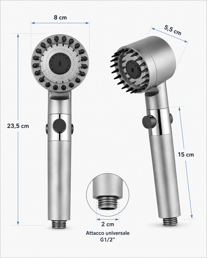 Soffione Doccia Alta Pressione con Pulsante Stop, Doccetta Multigetto 3 Modalità, Soffione Doccia con Ventola a Spirale e Filtro Integrato, Ugelli Anticalcare, Risparmio Idrico, Attacco Universale G1/2”