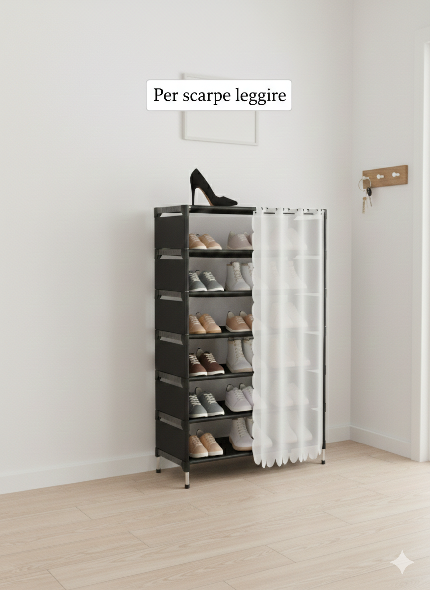 Scarpiera 7 Ripiani con Tenda – Colore Bianco – Struttura in Metallo e Ripiani in Stoffa – Organizer Salvaspazio 58x26x110 cm per Ingresso, Camera e Ripostiglio