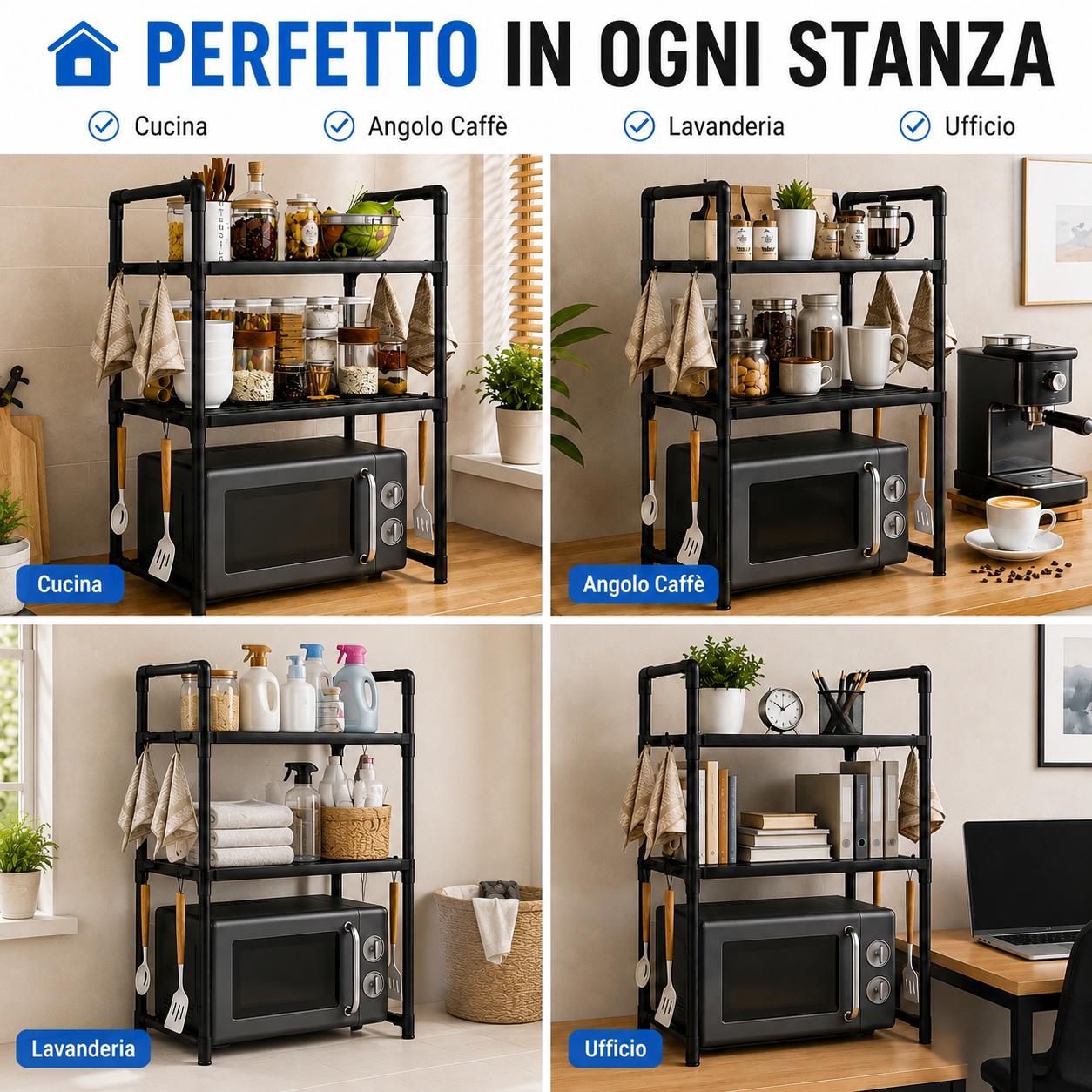 Scaffale Porta Microonde da Cucina 3 Ripiani con Ganci Laterali, Organizer Salvaspazio in Metallo, Mensola per Microonde e Dispensa, Porta Spezie e Accessori Cucina, 50,5 x 27 x 73 cm Nero