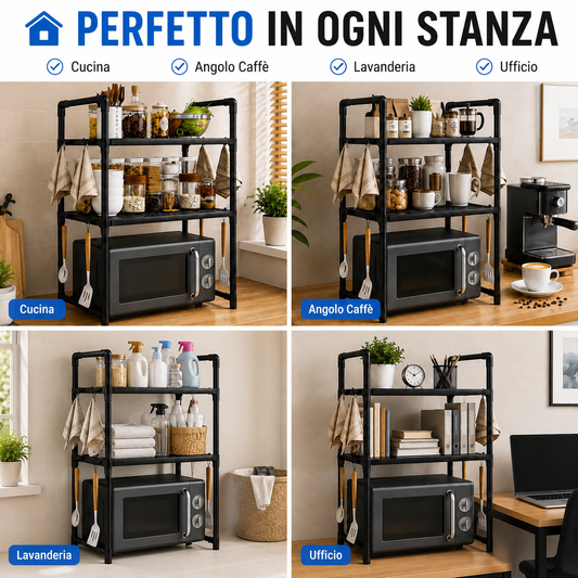 Scaffale Porta Microonde da Cucina 3 Ripiani con Ganci Laterali, Organizer Salvaspazio in Metallo, Mensola per Microonde e Dispensa, Porta Spezie e Accessori Cucina, 50,5 x 27 x 73 cm Nero