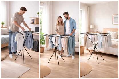 Stendibiancheria Pieghevole Doppia Asta 140x130x55 cm – Stendino Salvaspazio da Interno con Base Stabile a Treppiede – Stendipanni Richiudibile in Metallo per Appartamenti, Studenti, Case Senza Balcone