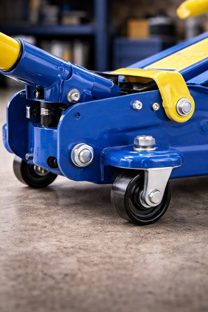 Cric Idraulico Auto 2T con Ruote – Sollevatore Auto a Carrello in Acciaio con Manico Rimovibile, Jack Idraulico per Cambio Pneumatici e Manutenzione Veicolo, Uso Garage e Domestico