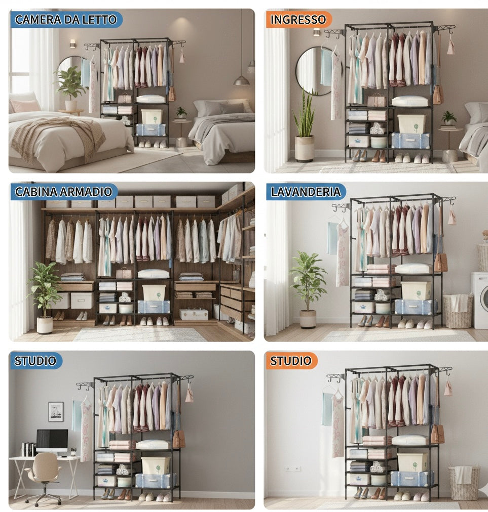 Scaffale Appendiabiti Multifunzionale in Metallo 108x36x170 cm – Armadio Aperto con Doppia Barra, Ripiani Portaoggetti, Ganci Laterali e Porta Scarpe – Organizer Salvaspazio per Camera, Ingresso, Cabina Armadio