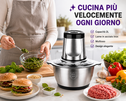 BDIT ACCESSORI Tritatutto Elettrico 2L con Ciotola in Acciaio Inox, Tritacarne Multiuso con Lame in Acciaio Inox per Carne, Verdure, Cipolle, Frutta, Frutta Secca ed Erbe Aromatiche