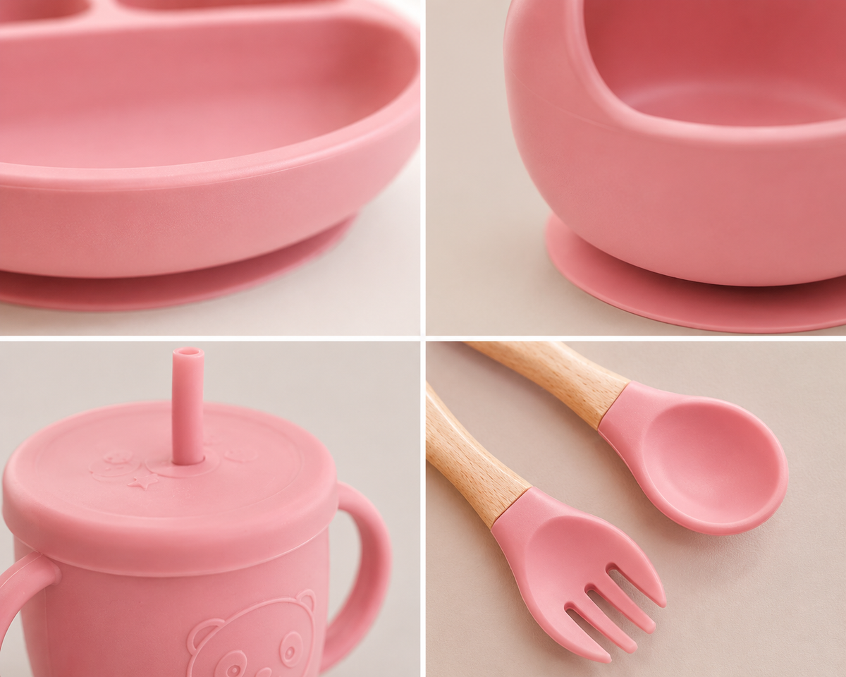 Set Pappa Svezzamento Neonati in Silicone Rosa, Kit Pappa Bambini con Piatto Ventosa, Ciotola, Bavaglino, Bicchiere, Tazza con Cannuccia e Posate, Set Alimentazione Baby Food Grade BPA Free