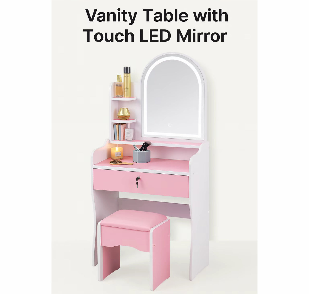 Toeletta Moderna con Specchio a Forma di Cuore e Sgabello - Eleganza e Funzionalità per la Tua Zona Make-up 60x32x118