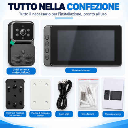 BDIT Accessori Videocitofono Wireless con Monitor, Video Doorbell 2.4G con Unità Esterna e Display Interno, Videocamera per Porta con Monitor, Kit di Installazione e Accessori per Casa