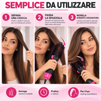BDIT Accessori Spazzola ad Aria Calda per Capelli, Spazzola Asciugacapelli e Styler One Step, Testa Ovale con Setole, Impugnatura Ergonomica e Livelli Regolabili, Nero e Rosa