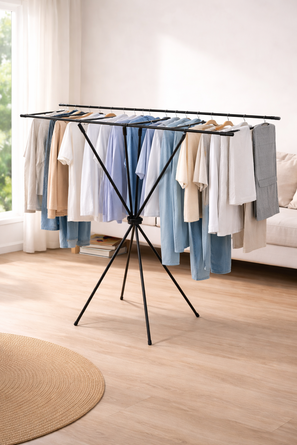 Stendibiancheria Pieghevole Doppia Asta 140x130x55 cm – Stendino Salvaspazio da Interno con Base Stabile a Treppiede – Stendipanni Richiudibile in Metallo per Appartamenti, Studenti, Case Senza Balcone