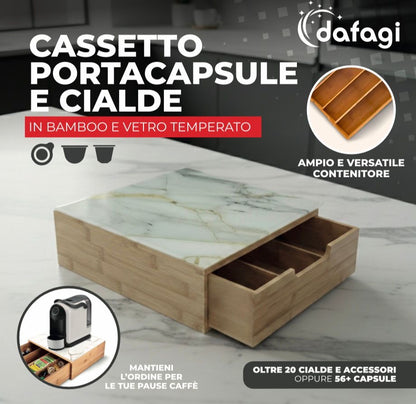 Cassetto Portacapsule Caffè in Bamboo con Piano in Vetro Temperato, Organizer Capsule e Cialde, Porta Capsule Compatibile Nespresso, Porta Capsule con Cassetto per Cucina, 30x30x10 cm
