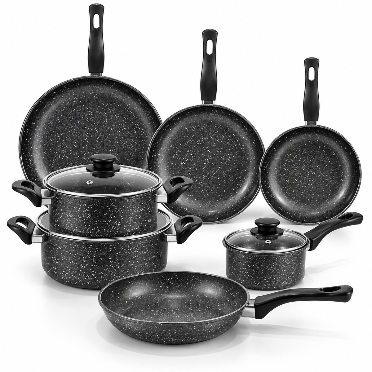 BDIT Accessori Set Pentole e Padelle 9 Pezzi Effetto Granito, Batteria da Cucina con Coperchi in Vetro, Padelle 22/25/30 cm, Casseruole 20/24 cm e Pentolino 14 cm, Nero Grigio