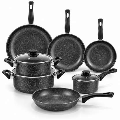 BDIT Accessori Set Pentole e Padelle 9 Pezzi Effetto Granito, Batteria da Cucina con Coperchi in Vetro, Padelle 22/25/30 cm, Casseruole 20/24 cm e Pentolino 14 cm, Nero Grigio