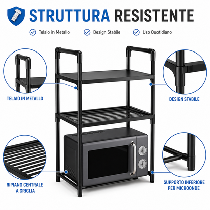 Scaffale Porta Microonde da Cucina 3 Ripiani con Ganci Laterali, Organizer Salvaspazio in Metallo, Mensola per Microonde e Dispensa, Porta Spezie e Accessori Cucina, 50,5 x 27 x 73 cm Nero