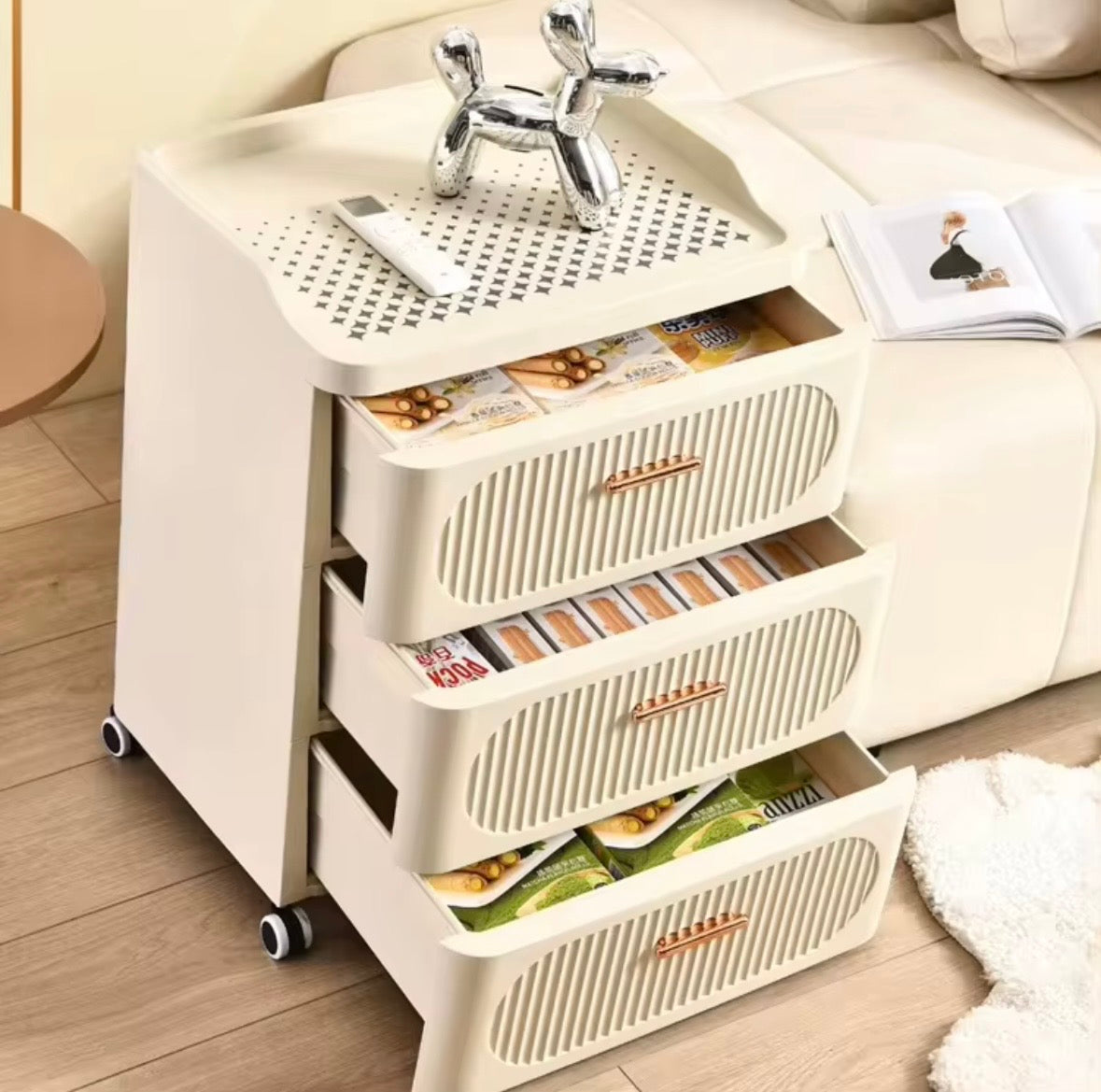 Comodino Mobiletto Contenitore 3 Cassetti su Ruote | Design Moderno Crema/Beige