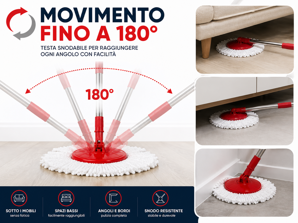 Mocio Rotante con Secchio 13 Litri, Sistema di Strizzatura con Cestello Rotante, Manico Telescopico 90-115 cm, Testa Snodabile 180°, Panno in Microfibra per Pavimenti, Casa e Pulizia