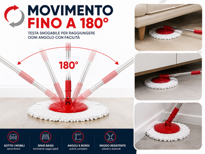Mocio Rotante con Secchio 13 Litri, Sistema di Strizzatura con Cestello Rotante, Manico Telescopico 90-115 cm, Testa Snodabile 180°, Panno in Microfibra per Pavimenti, Casa e Pulizia
