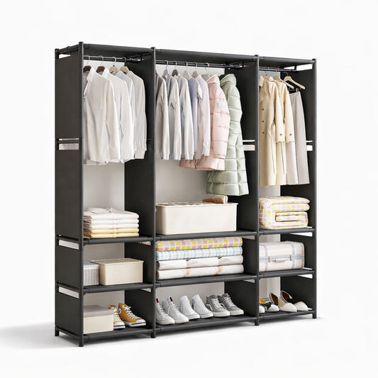 Armadio Aperto Portabiti in Metallo 130x36x170 cm – Guardaroba Salvaspazio con Ripiani e Porta Scarpe – Organizer Vestiti per Camera da Letto, Appartamento, Affitto Nero