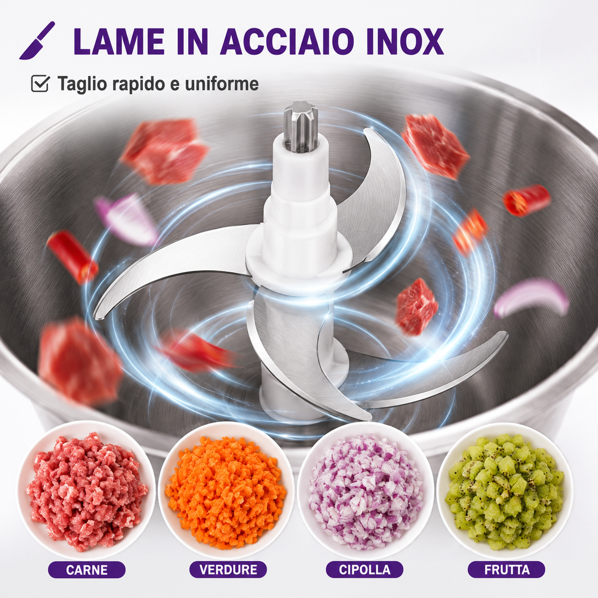 BDIT ACCESSORI Tritatutto Elettrico 2L con Ciotola in Acciaio Inox, Tritacarne Multiuso con Lame in Acciaio Inox per Carne, Verdure, Cipolle, Frutta, Frutta Secca ed Erbe Aromatiche