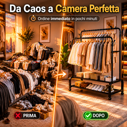 Appendiabiti Doppio con Ruote in Metallo Nero, Stand Appendiabiti Salvaspazio con 2 Barre e Ripiani Porta Scarpe, Attaccapanni Moderno per Camera da Letto, Ingresso, Negozio e Cabina Armadio