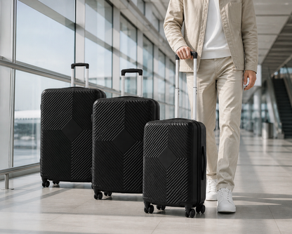 Set Valigie Rigide 3 Pezzi ABS Nero – Trolley Cabina 20”, Media 24”, Grande 28” – Ruote 360°, Lucchetto TSA, Manico Telescopico – Leggere, Resistenti, Valigie Viaggio