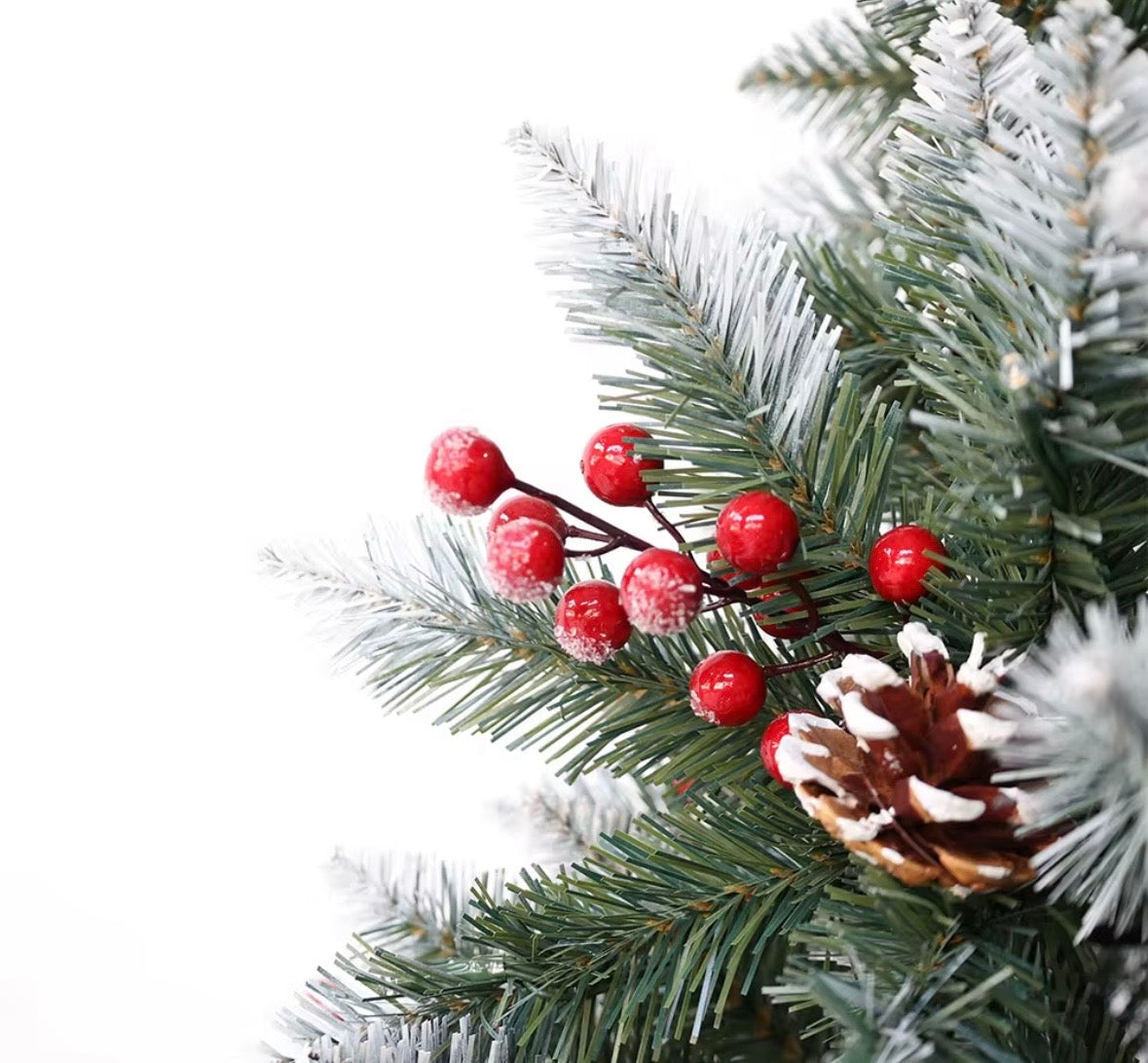 Albero di Natale Artificiale Flocked 120cm, Effetto Neve, Pigne e Bacche Rosse, Base Inclusa