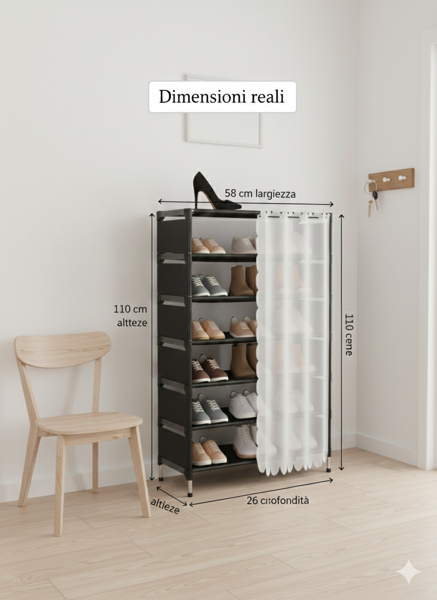 Scarpiera 7 Ripiani con Tenda – Colore Bianco – Struttura in Metallo e Ripiani in Stoffa – Organizer Salvaspazio 58x26x110 cm per Ingresso, Camera e Ripostiglio
