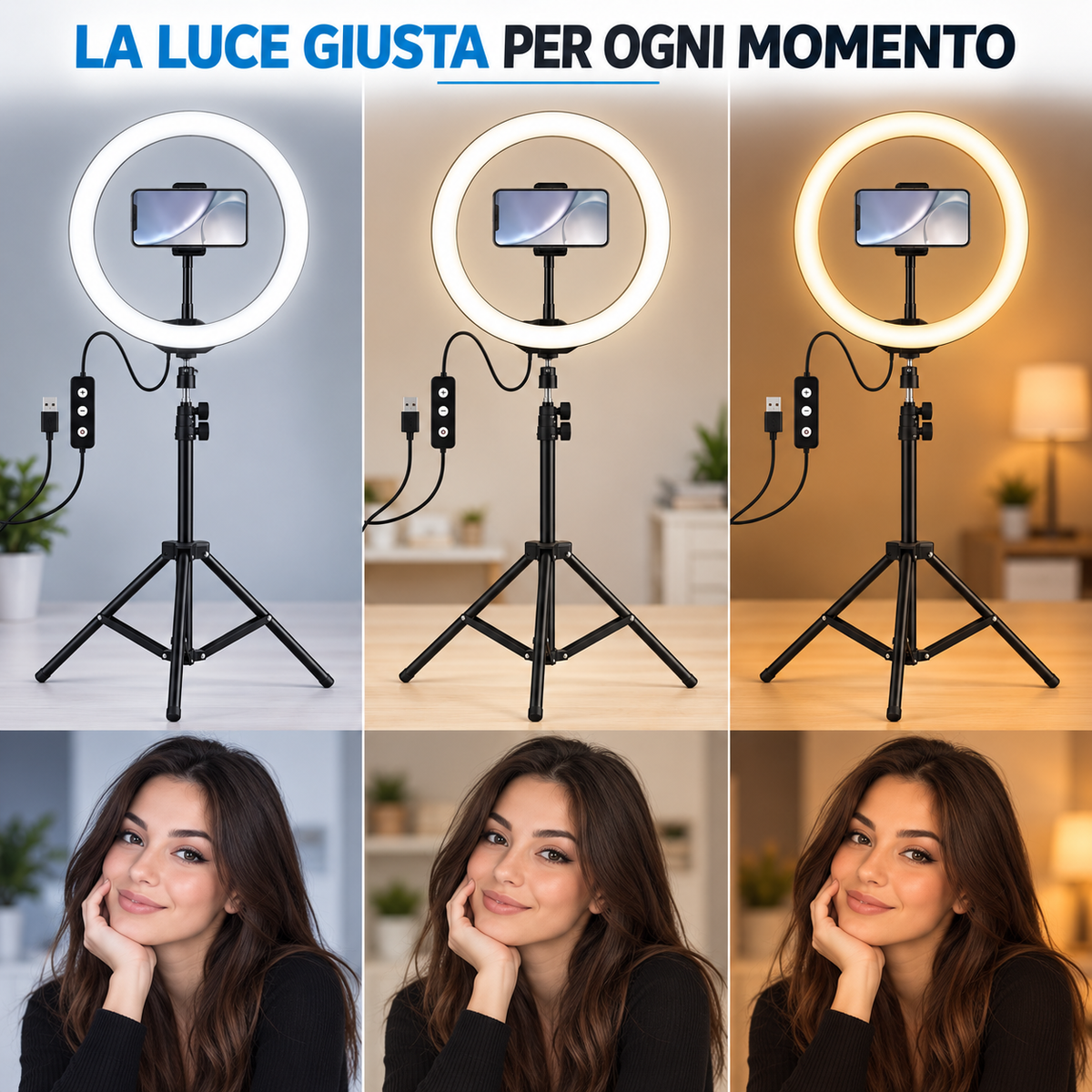 BDIT Accessori Ring Light con Treppiede Regolabile e Supporto Smartphone, Luce ad Anello LED con Comando sul Cavo, Supporto per Telefono per Foto, Video, Makeup, Streaming e Videochiamate