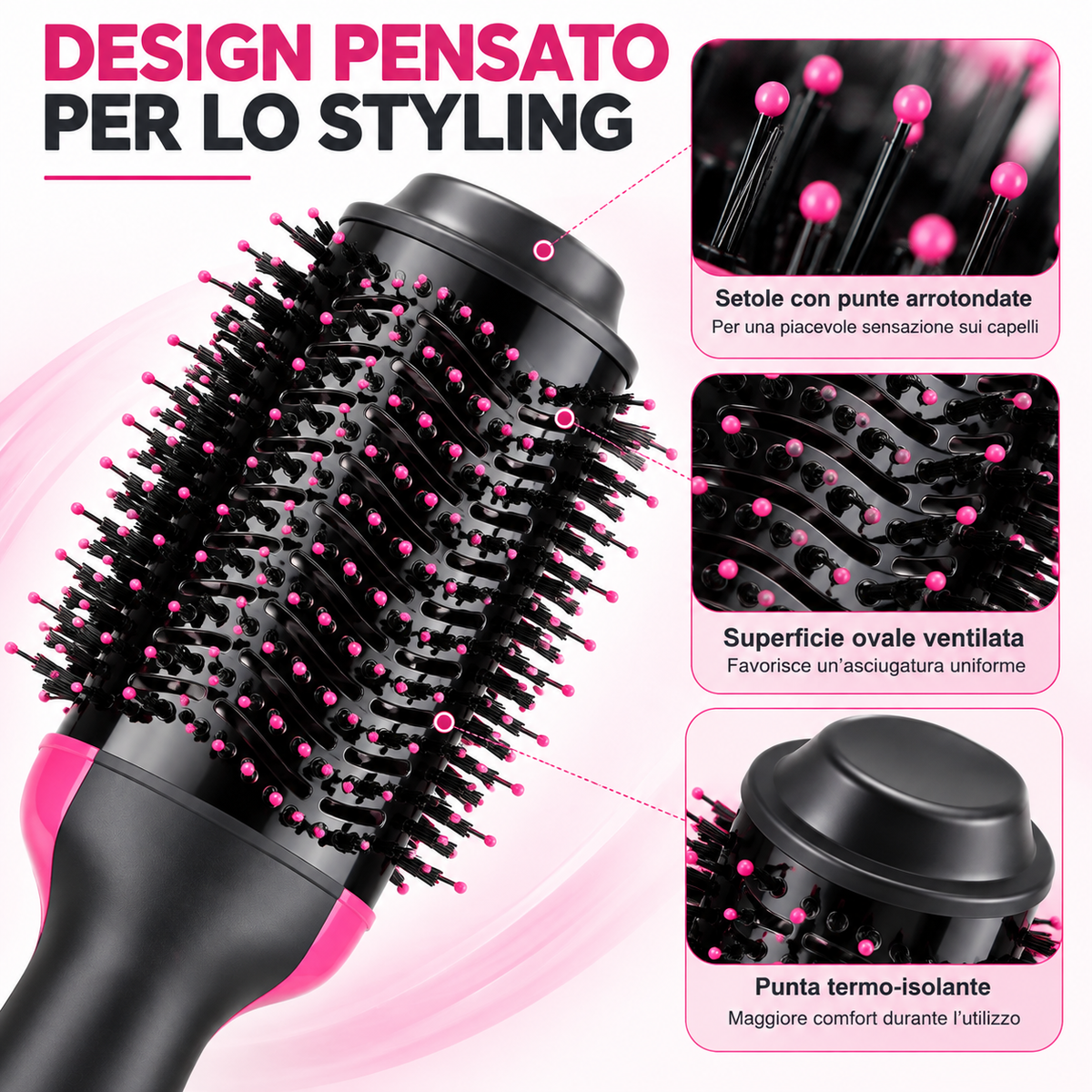 BDIT Accessori Spazzola ad Aria Calda per Capelli, Spazzola Asciugacapelli e Styler One Step, Testa Ovale con Setole, Impugnatura Ergonomica e Livelli Regolabili, Nero e Rosa