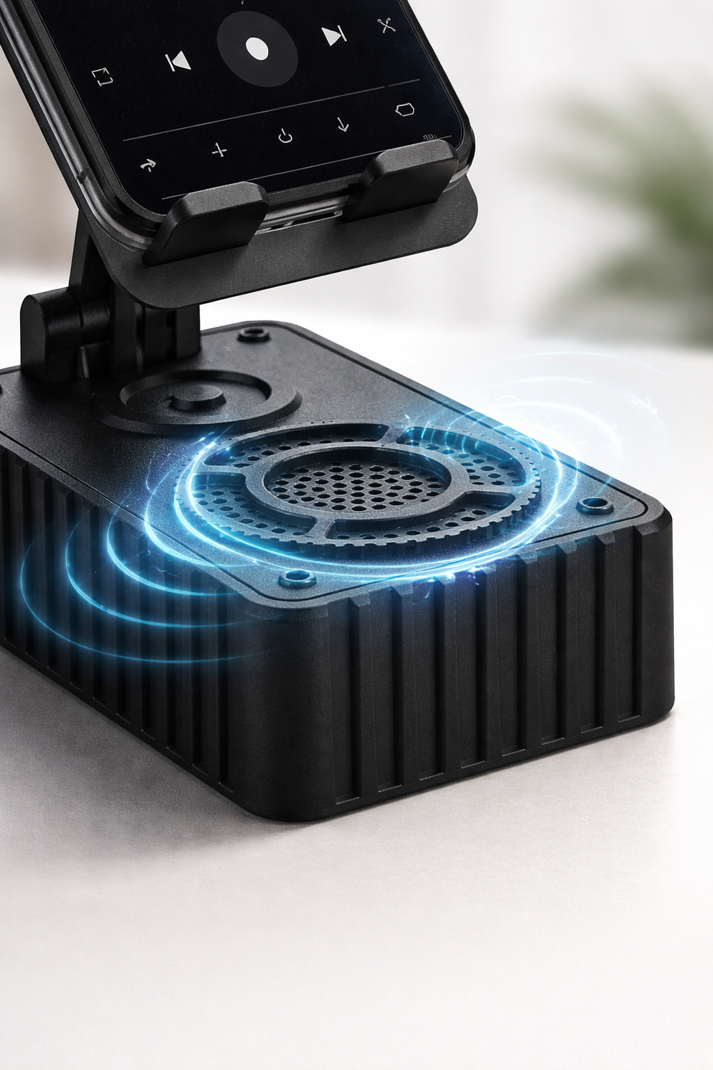 Supporto Smartphone con Altoparlante Wireless Integrato, Stand Cellulare Regolabile Angolazione, Base Antiscivolo, Porta Telefono da Tavolo per Video, Musica e Videochiamate, Compatibile iPhone Android