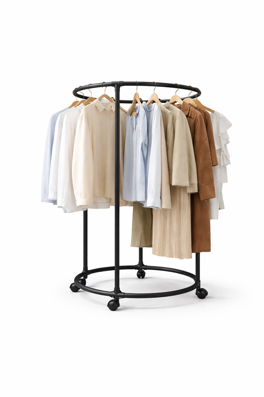 Appendiabiti Circolare con Ruote nero 130 cm – Stand Porta Abiti Rotondo in Metallo, Attaccapanni Mobile per Camera da Letto, Guardaroba Aperto Salvaspazio per Casa, Negozio, Boutique