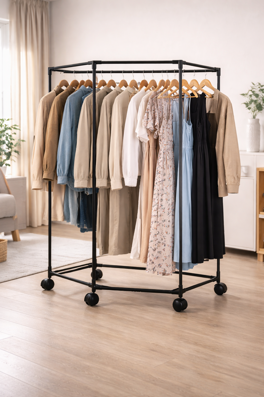 Appendiabiti con Ruote 120x70x36 cm – Stand Appendiabiti Esagonale Salvaspazio in Metallo – Armadio Aperto Mobile con 4 Ruote per Camera, Ingresso, Negozio, Appartamento