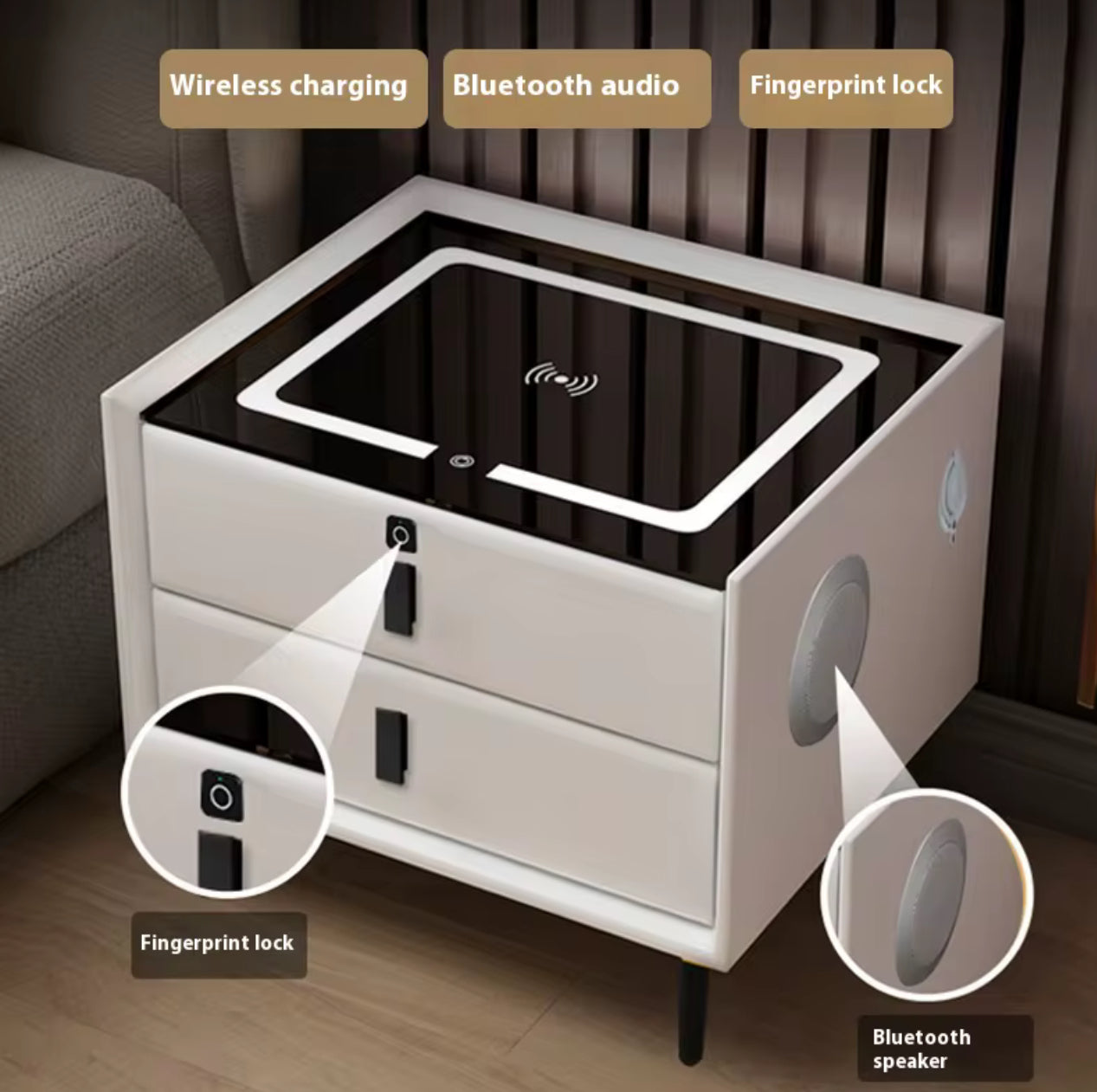 Bdit accessori-Comodino multifunzionale moderno con prese integrate, ricarica wireless e speaker – Design elegante con 2 cassetti