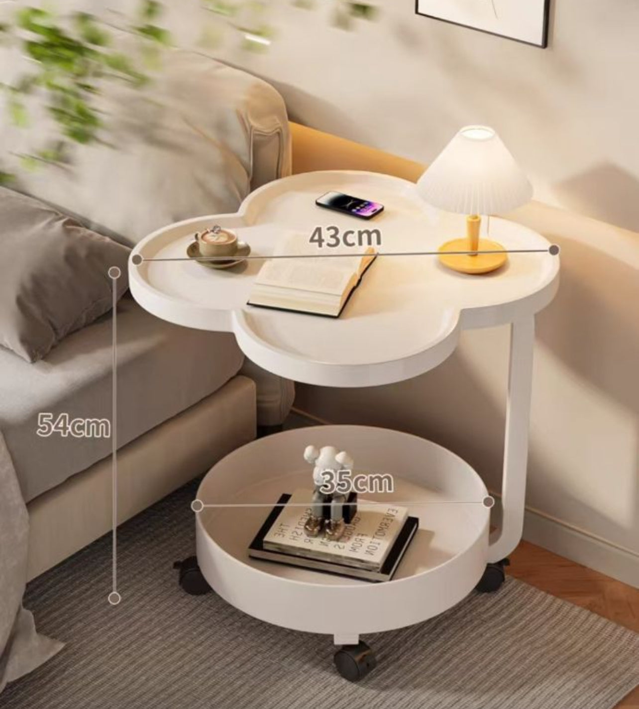 Comodino Salvaspazio su Ruote - Design a Fiore a Due Piani, Perfetto per Soggiorno e Camera da Letto