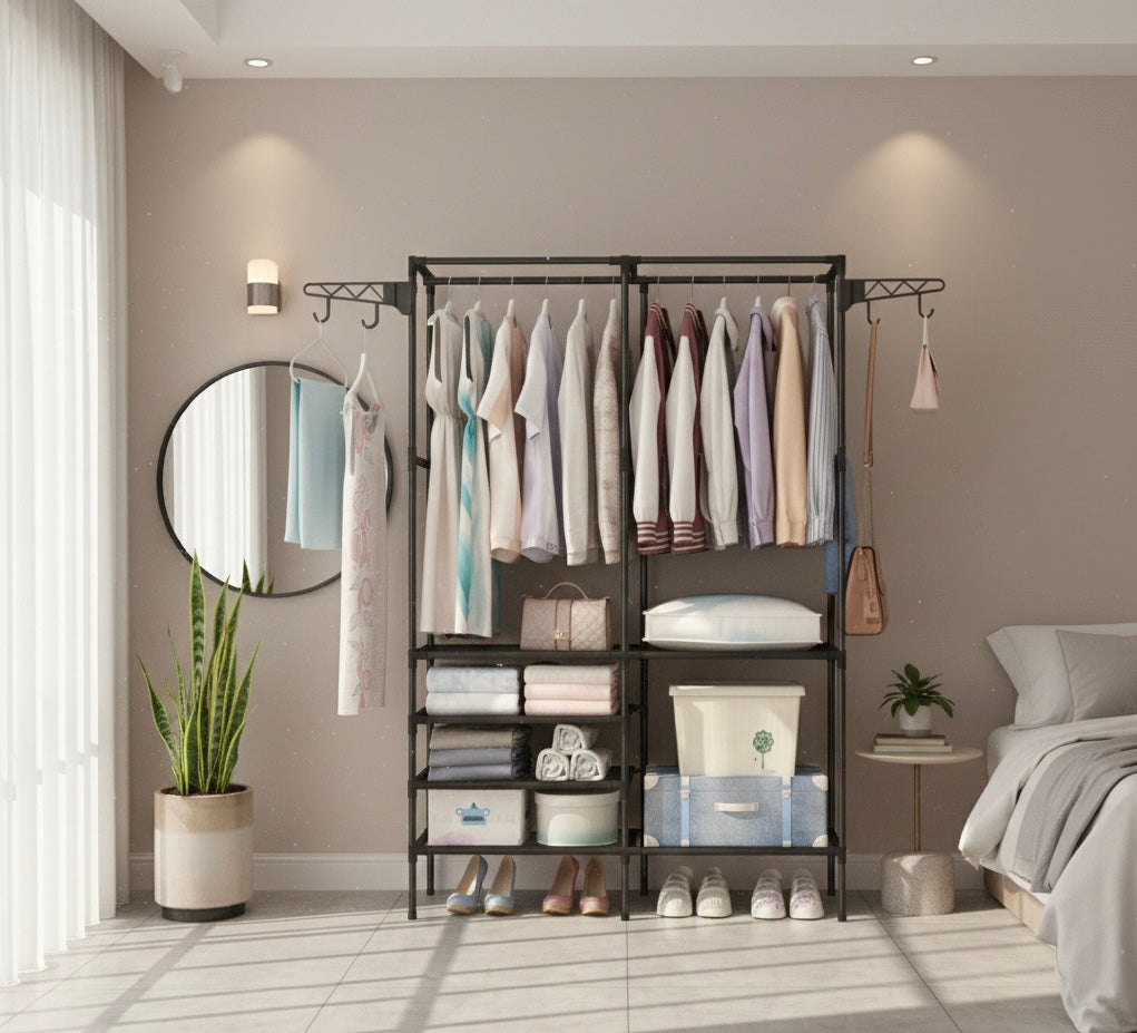 Scaffale Appendiabiti Multifunzionale in Metallo 108x36x170 cm – Armadio Aperto con Doppia Barra, Ripiani Portaoggetti, Ganci Laterali e Porta Scarpe – Organizer Salvaspazio per Camera, Ingresso, Cabina Armadio