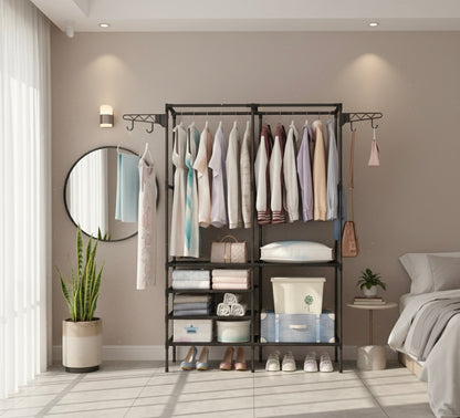 Scaffale Appendiabiti Multifunzionale in Metallo 108x36x170 cm – Armadio Aperto con Doppia Barra, Ripiani Portaoggetti, Ganci Laterali e Porta Scarpe – Organizer Salvaspazio per Camera, Ingresso, Cabina Armadio