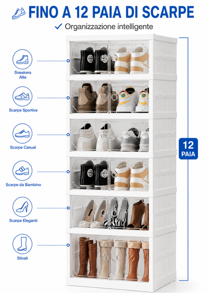Scarpiera Pieghevole 6 Piani con 12 Scomparti, Mobile Porta Scarpe ad Apertura a Fisarmonica, Ante Trasparenti, Salvaspazio 117 × 43 × 34,5 cm, Organizzatore per Ingresso, Camera e Cabina Armadio