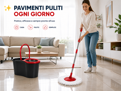 Mocio Rotante con Secchio 13 Litri, Sistema di Strizzatura con Cestello Rotante, Manico Telescopico 90-115 cm, Testa Snodabile 180°, Panno in Microfibra per Pavimenti, Casa e Pulizia