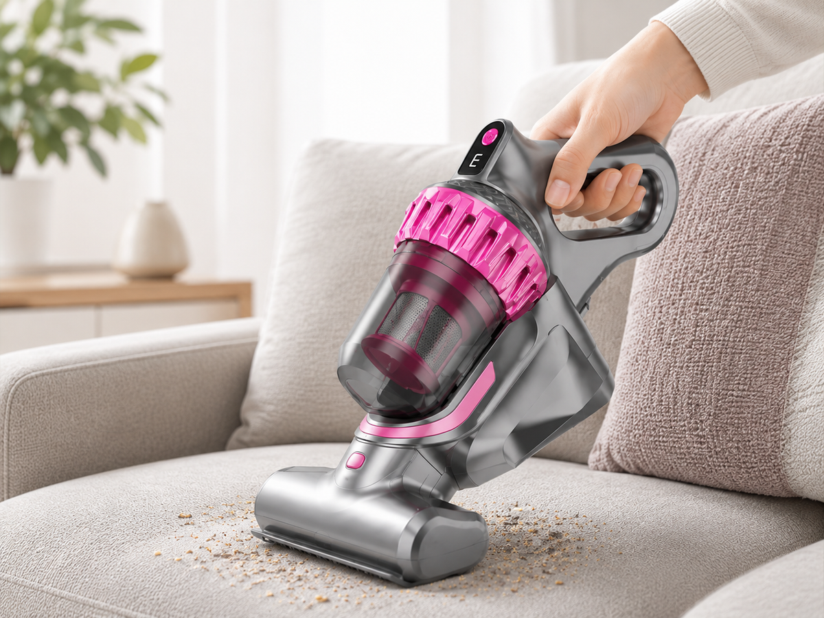 Aspirapolvere 2 in 1 Scopa Elettrica e Aspirapolvere Portatile, Design Compatto, Contenitore Polvere Trasparente, Impugnatura Pratica, per Pavimenti, Tappeti, Divano e Pulizia della Casa, Grigio/Rosa