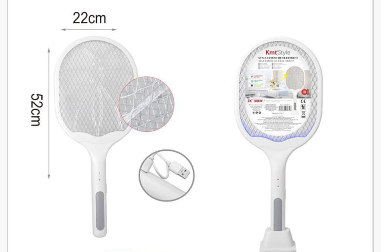 Rechargeable Electric Mosquito Swatter – 3000V Handheld Fly Zapper Racket with USB Charging Base, Safe Triple-Layer Mesh, for Indoor & Outdoor Insect Control