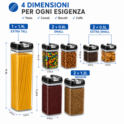 Set 7 Contenitori Ermetici per Alimenti con Coperchio Airtight, Barattoli Salvaspazio Impilabili per Pasta, Cereali, Caffè, Biscotti e Legumi, Contenitori Trasparenti per Cucina e Dispensa