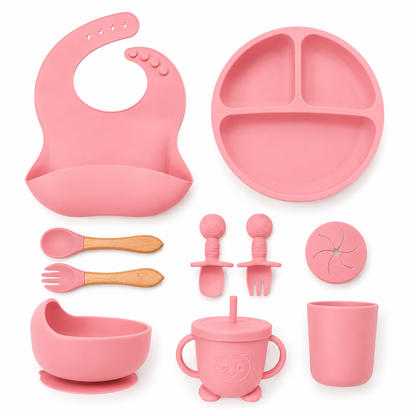 Set Pappa Svezzamento Neonati in Silicone Rosa, Kit Pappa Bambini con Piatto Ventosa, Ciotola, Bavaglino, Bicchiere, Tazza con Cannuccia e Posate, Set Alimentazione Baby Food Grade BPA Free
