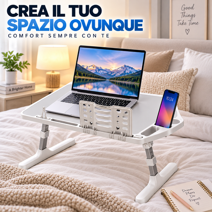 BDIT Accessori Tavolino Pieghevole per Laptop, Tavolino da Letto Regolabile con Piano Inclinabile 0-36°, Supporto Smartphone e Ferma Oggetti, per Studio, Lavoro, Divano e Letto, 56x31x17 cm, Bianco