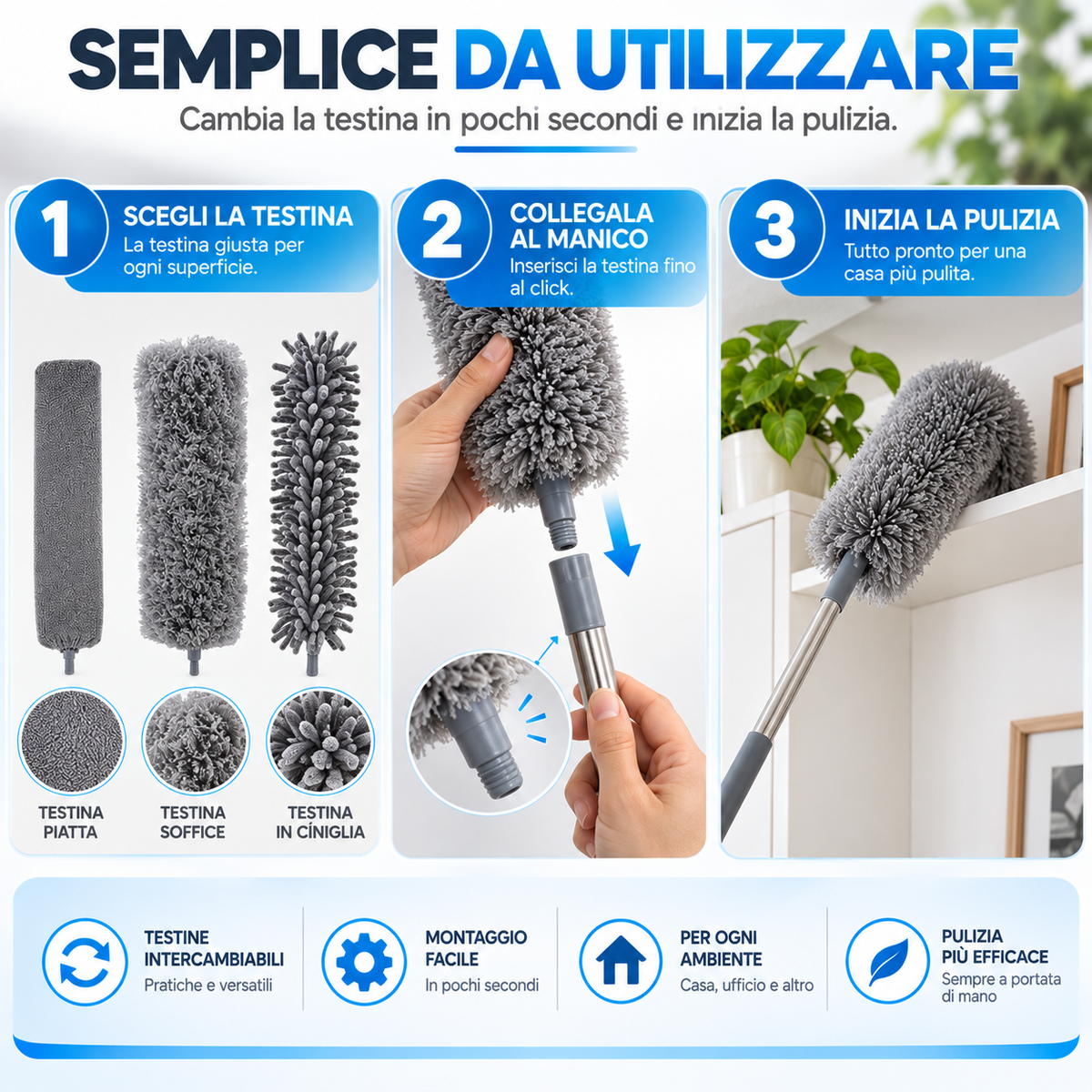 BDIT Accessori Set Piumino Catturapolvere Telescopico con 3 Testine Intercambiabili, Spolverino in Microfibra con Manico Estensibile, per Mobili, Letto, Lampade e Pulizia Casa, Grigio