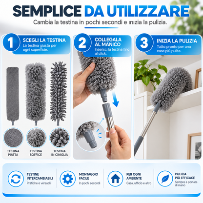 BDIT Accessori Set Piumino Catturapolvere Telescopico con 3 Testine Intercambiabili, Spolverino in Microfibra con Manico Estensibile, per Mobili, Letto, Lampade e Pulizia Casa, Grigio