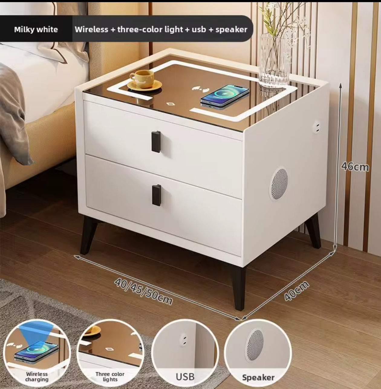 Bdit accessori-Comodino multifunzionale moderno con prese integrate, ricarica wireless e speaker – Design elegante con 2 cassetti