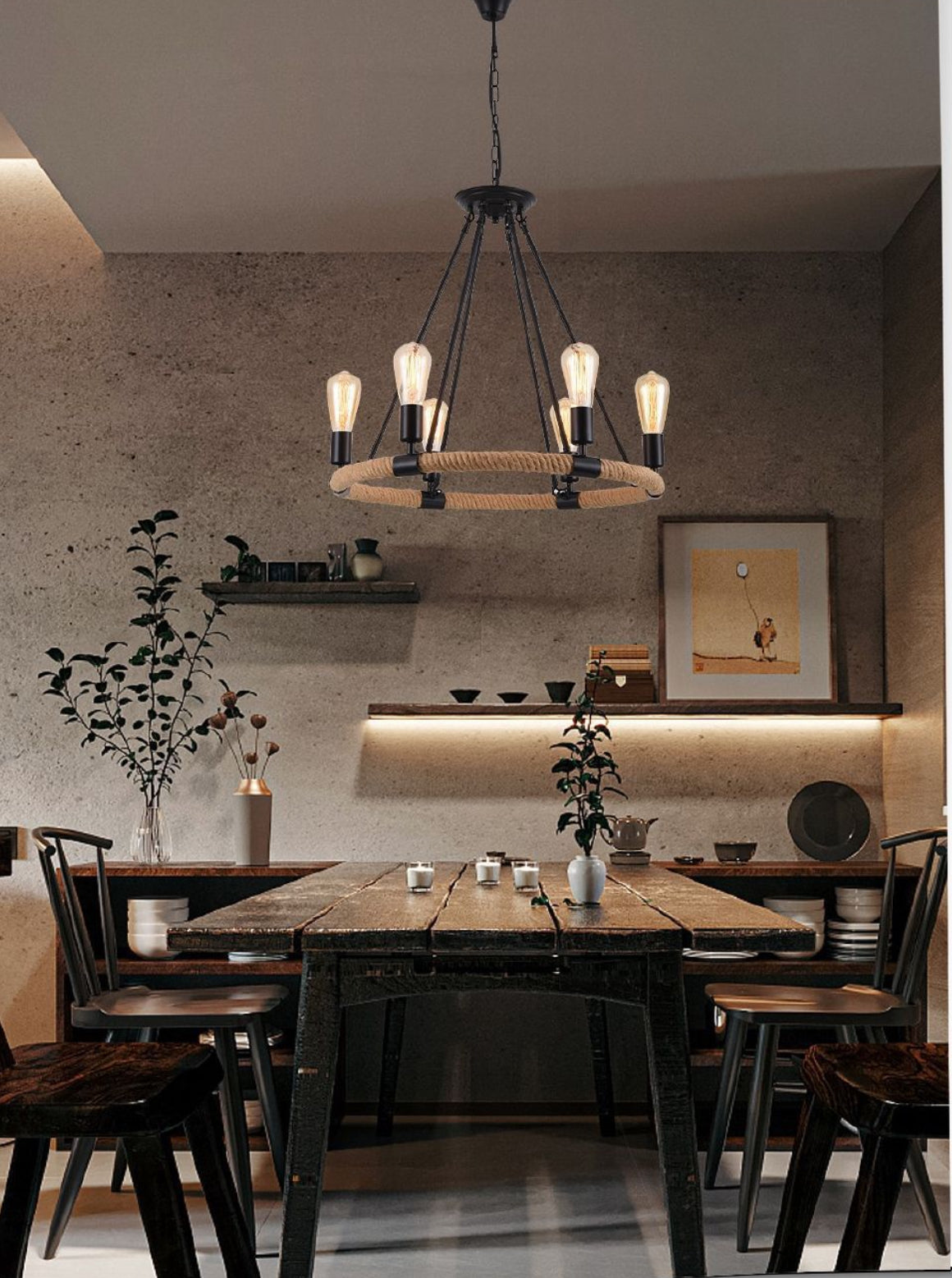 Lampadario Retrò in Corda di Canapa – 6 Luci E27 – Ø60cm Altezza 100cm – Lampada Sospesa per Soggiorno Sala da Pranzo Bar Ristorante – Modello A20 - BDIT ACCESSORI