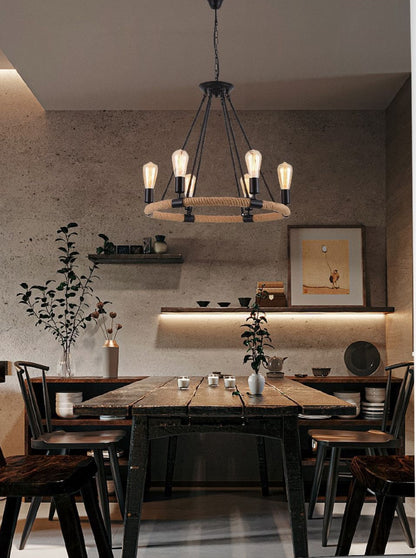 Lampadario Retrò in Corda di Canapa – 6 Luci E27 – Ø60cm Altezza 100cm – Lampada Sospesa per Soggiorno Sala da Pranzo Bar Ristorante – Modello A20 - BDIT ACCESSORI