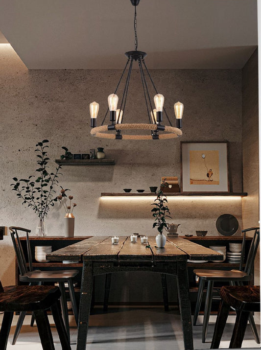 Lampadario Retrò in Corda di Canapa – 6 Luci E27 – Ø60cm Altezza 100cm – Lampada Sospesa per Soggiorno Sala da Pranzo Bar Ristorante – Modello A20