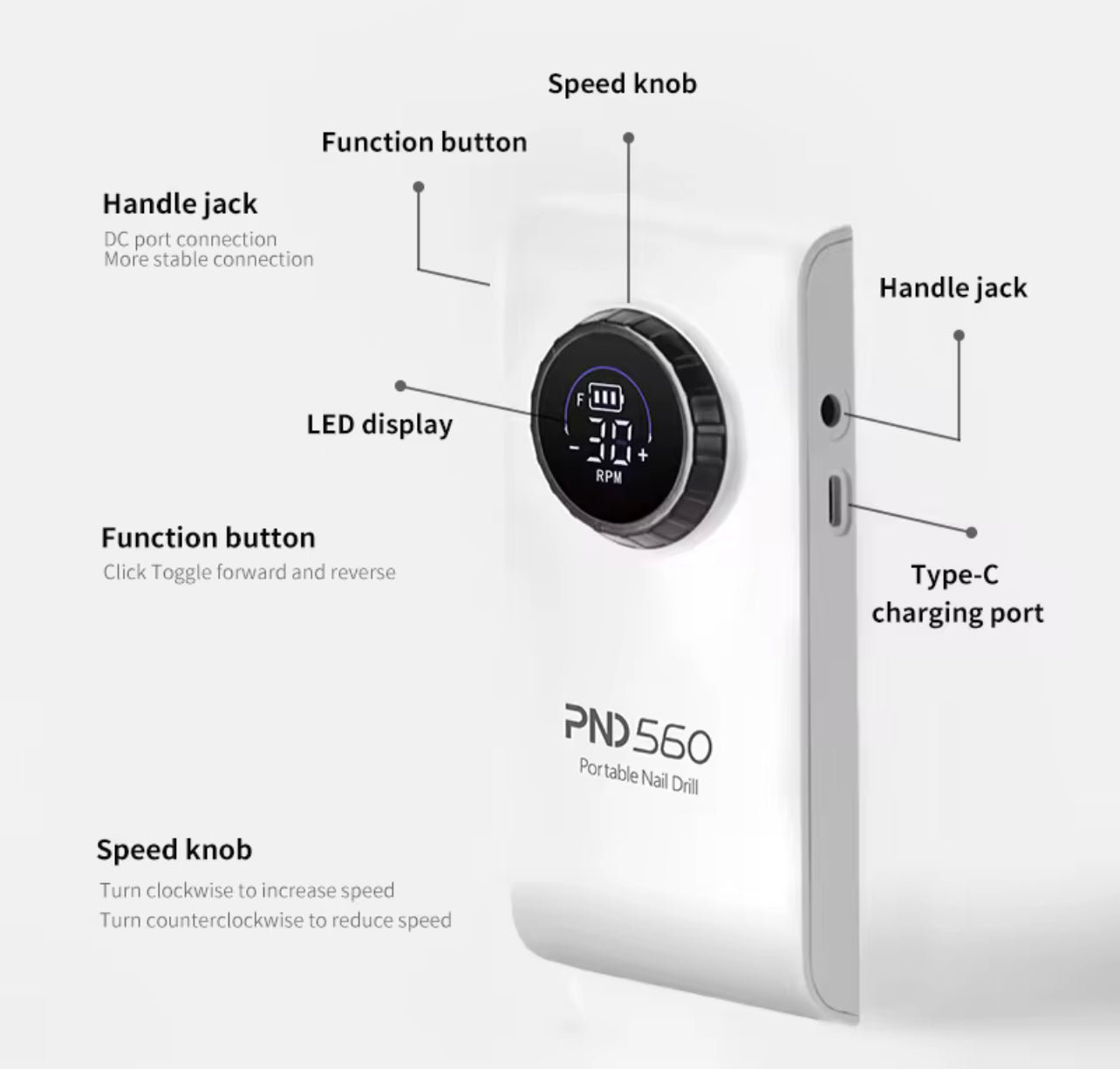 Fresa per Unghie Professionale PND560 Cordless | 30.000 RPM | 18W